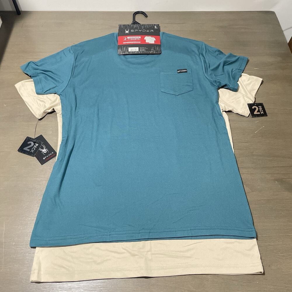 Spyder Mens Large Loungewear 2 T-Shirts Bundle NEW Tan Teal Pocket ASL416TN Soft